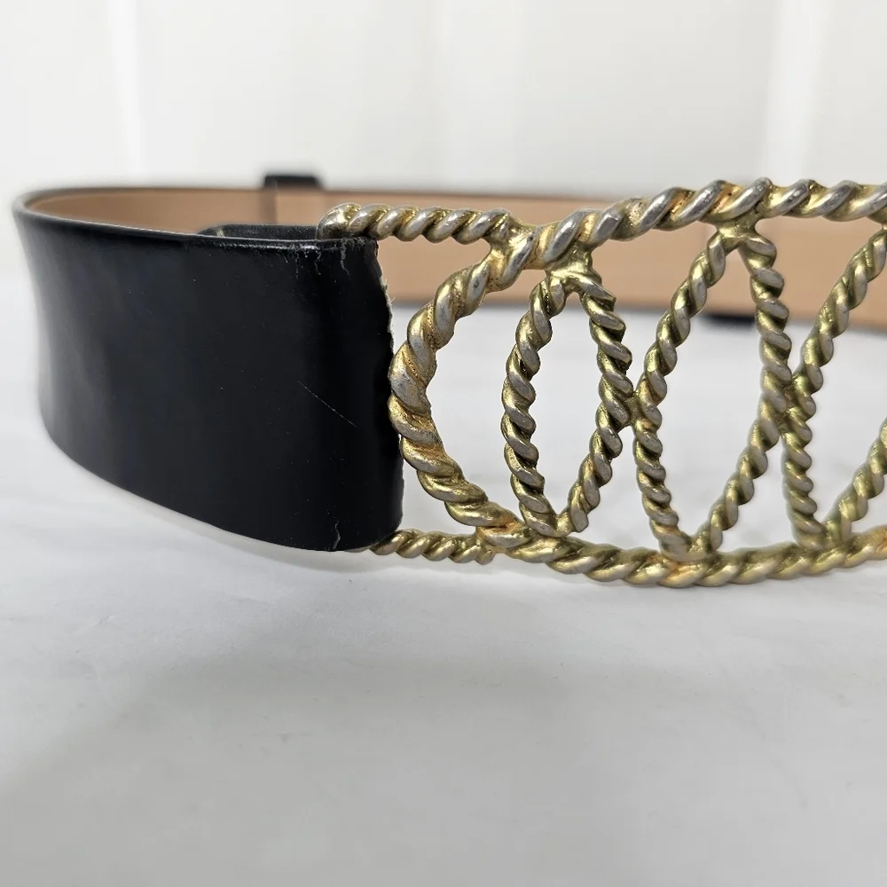 Vintage Imperial Belt Corporation Black Ornate Gold Roped Metal Buckle Belt